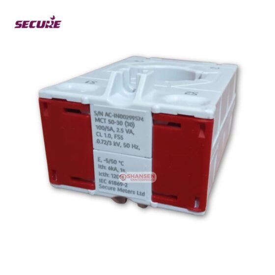 Secure MCT 50/30(30) Current Transformer, 100/5A, 2.5VA, Class 1 by Secure Meters Ltd – Front view with label details