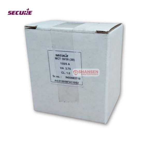 Label on box of Secure MCT 50-30(30) 150/5A Current Transformer with product specifications and part code