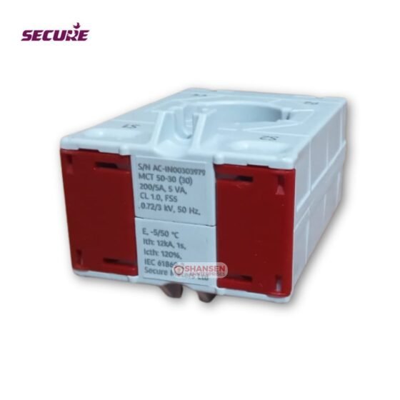 Label view of Secure Meters MCT 50/30 current transformer with 200/5A, 5 VA, Class 1.0