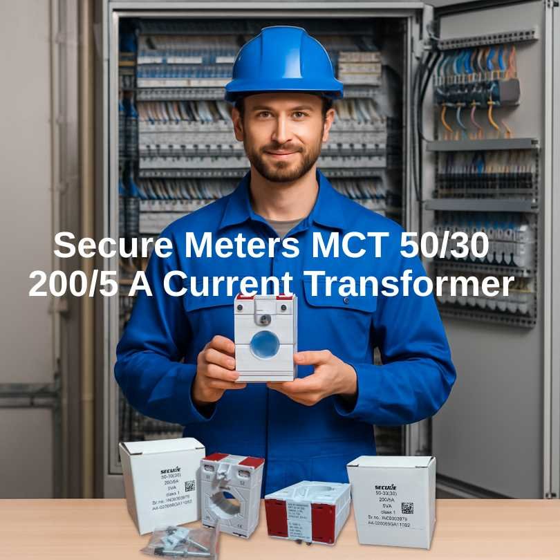 Electrical engineer holding Secure Meters MCT 50/30 current transformer 200/5A with panel and packaging on workbench