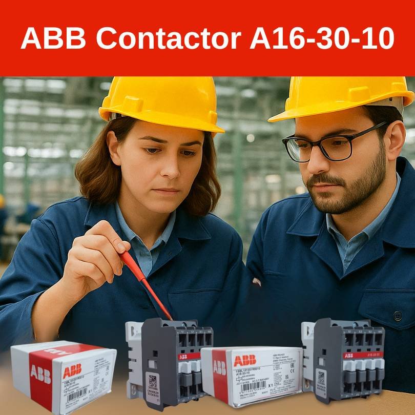 Promotional banner showing two engineers in hard hats with ABB A16-30-10 3-pole contactors and packaging; coil 220–230V 50Hz / 230–240V 60Hz — Shansen Enterprises India