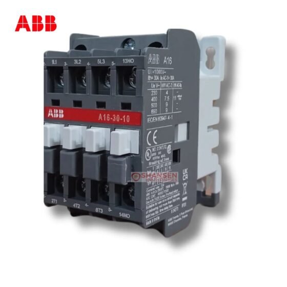 Close-up of ABB A16-30-10 3-pole contactor with 1NO auxiliary, screw terminals; coil 220–230V 50Hz / 230–240V 60Hz — Shansen Enterprises India