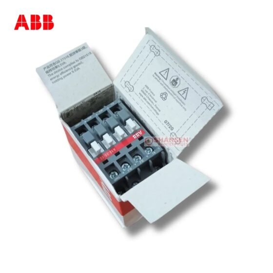 ABB A16-30-10 contactor inside an open ABB box, 3-pole screw terminals with built-in 1NO auxiliary; coil 220–230V 50Hz / 230–240V 60Hz — Shansen Enterprises India