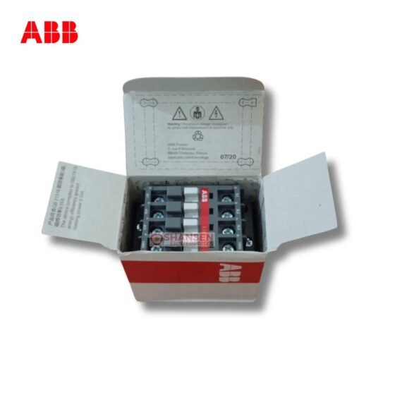 ABB A16-30-10 3-pole contactor in open ABB box (top view) with screw terminals and built-in 1NO auxiliary; coil 220–230V 50Hz / 230–240V 60Hz — Shansen Enterprises India