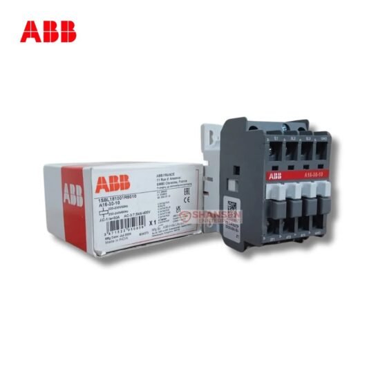 ABB A16-30-10 3-pole contactor with original ABB box, screw terminals and built-in 1NO auxiliary; coil 220–230V 50Hz / 230–240V 60Hz — Shansen Enterprises India