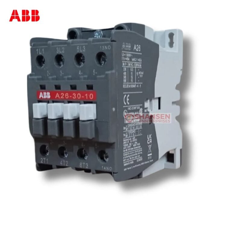 Close-up of ABB A26-30-10 3-pole contactor with 1 NO auxiliary, coil 200V 50Hz / 200–220V 60Hz, for motor control and panel builders