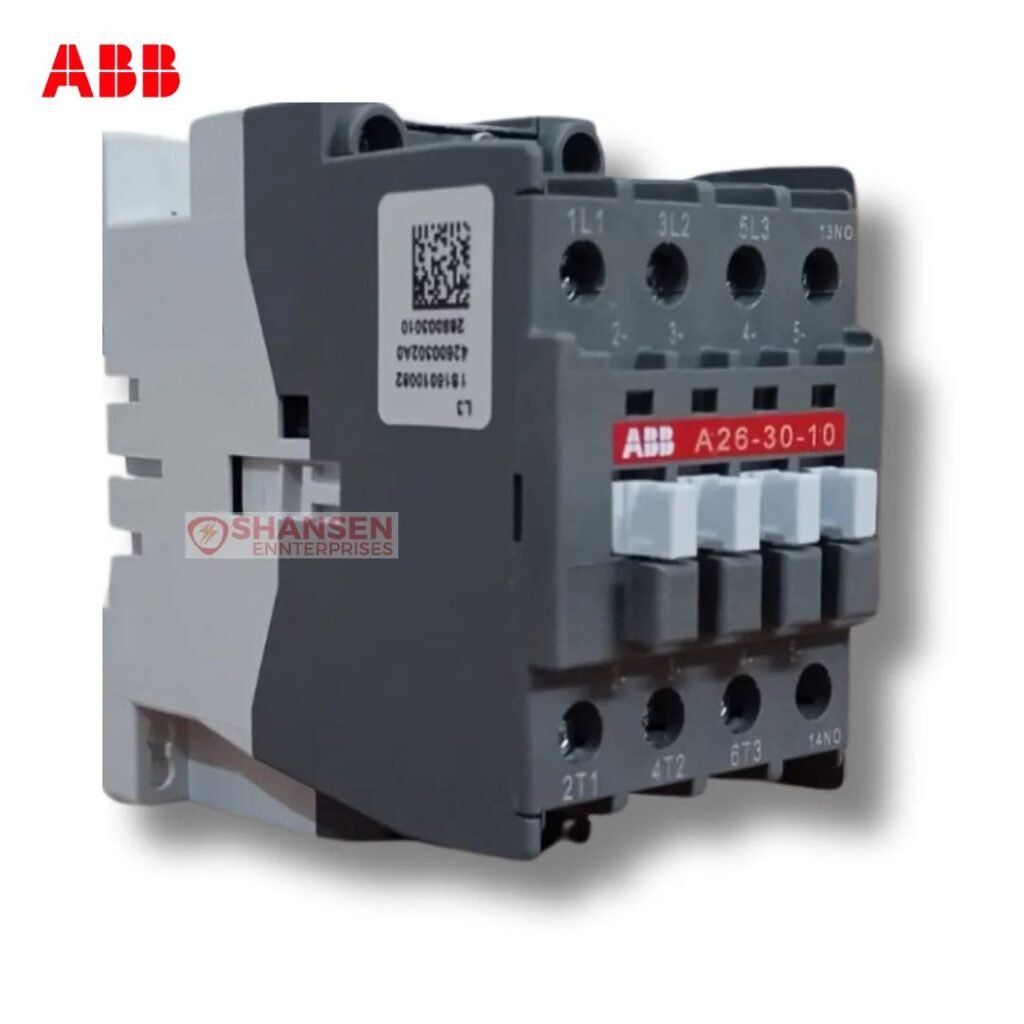 Front view of ABB A26-30-10 contactor, 3-pole with 1 NO auxiliary, coil 200V 50Hz / 200–220V 60Hz, AC-3 26A at 230/240V, 690V AC main