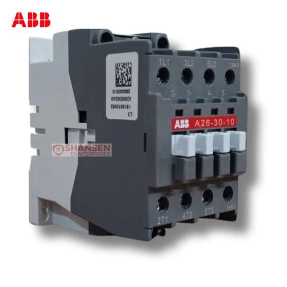 Front view of ABB A26-30-10 contactor, 3-pole with 1 NO auxiliary, coil 200V 50Hz / 200–220V 60Hz, AC-3 26A at 230/240V, 690V AC main