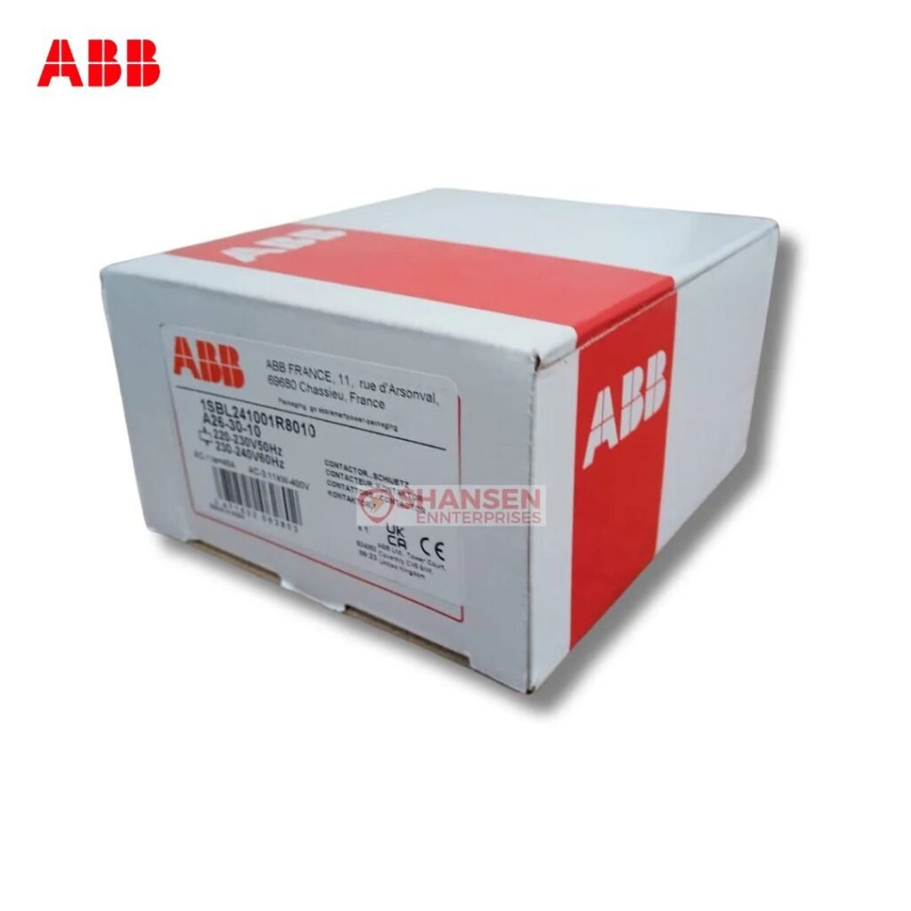 Original ABB box for A26-30-10 contactor, coil 200V 50Hz / 200–220V 60Hz, genuine packaging for panel builders in India