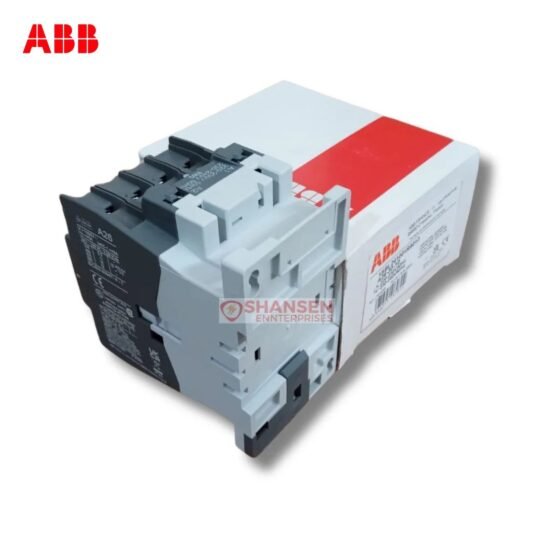 Side/rear view of ABB A26-30-10 contactor on ABB box, 3-pole with 1 NO auxiliary, coil 200V 50Hz / 200–220V 60Hz