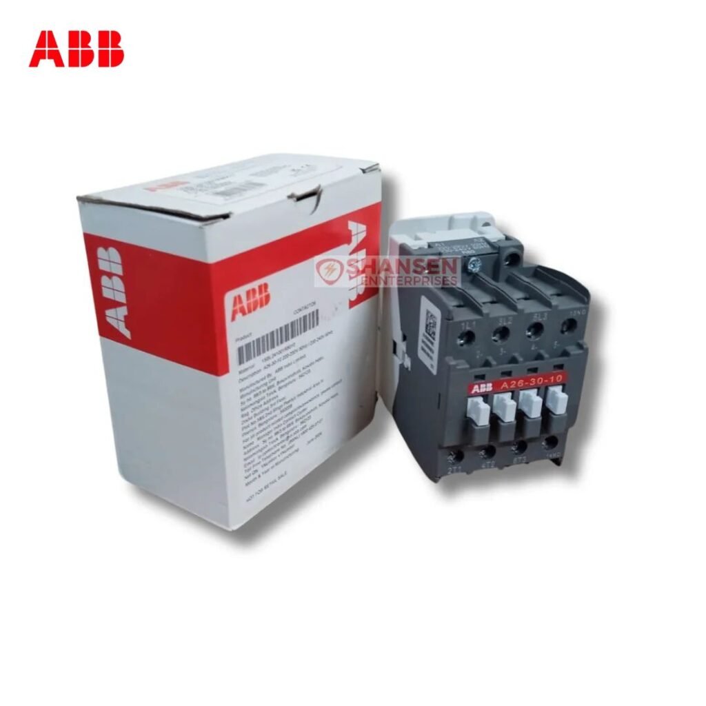 ABB A26-30-10 contactor with original ABB box, 3-pole with 1 NO auxiliary, coil 200V 50Hz / 200–220V 60Hz, AC-3 26A at 230/240V, 690V AC