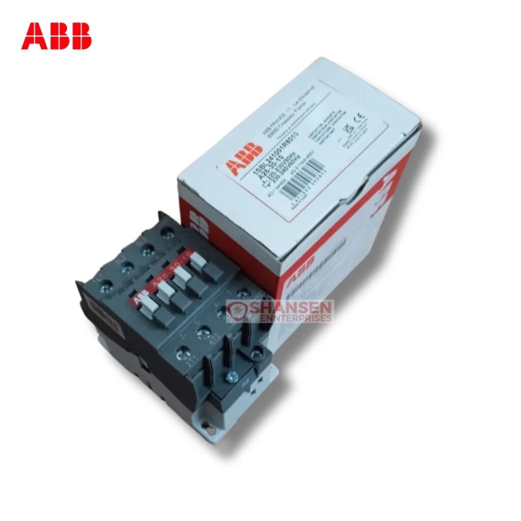 ABB A26-30-10 contactor beside original ABB box, 3-pole with 1 NO auxiliary, coil 200V 50Hz / 200–220V 60Hz, AC-3 26A, 690V AC main
