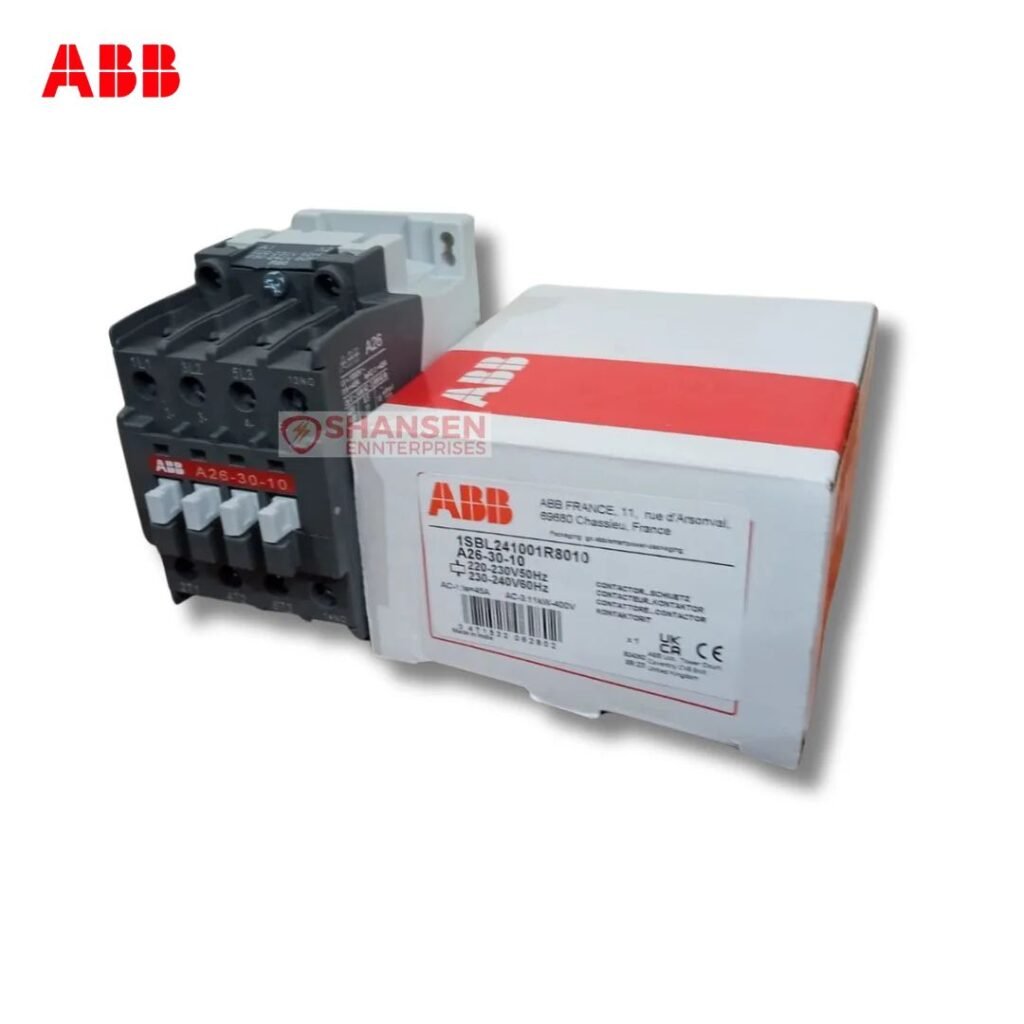 ABB A26-30-10 contactor beside original ABB box, 3-pole with 1 NO auxiliary, coil 200V 50Hz / 200–220V 60Hz, AC-3 26A, 690V AC main