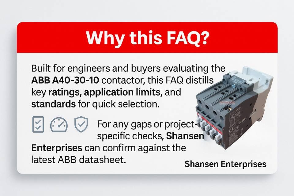 Why this FAQ graphic for the ABB A40-30-10 contactor, showing product photo with text on ratings, application limits, and standards by Shansen Enterprises