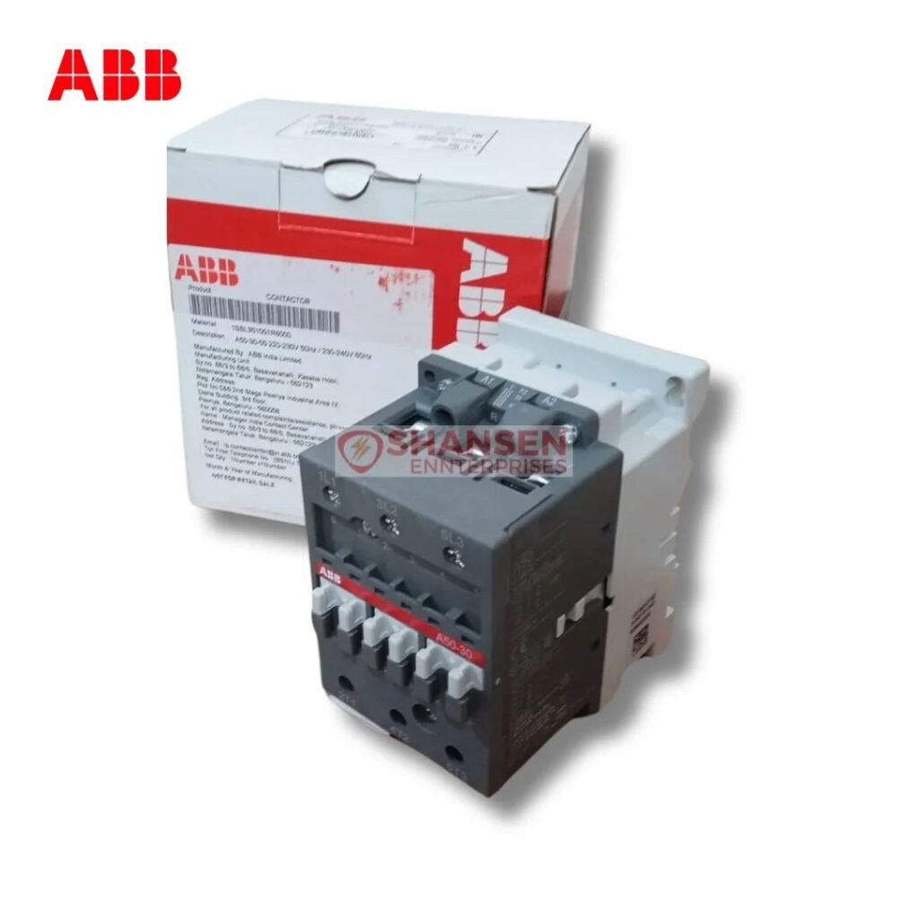ABB A50-30-00 3-pole contactor with 220–230V 50Hz / 230–240V 60Hz AC coil shown beside original ABB box, Shansen Enterprises