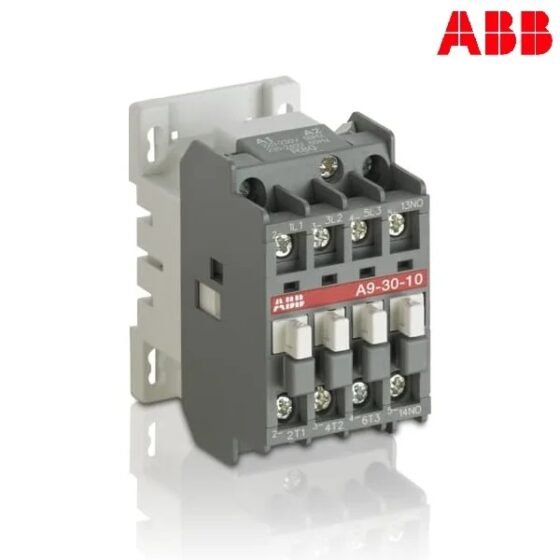 ABB A9-30-01 3-pole contactor, 400–415V 50Hz / 415–440V 60Hz — front view on DIN rail mount