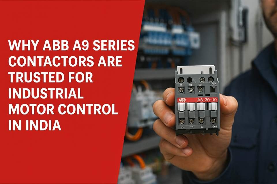 Hand holding ABB A9 series contactor in front of a blurred panel, red banner text: Why ABB A9 Series Contactors Are Trusted for Industrial Motor Control in India