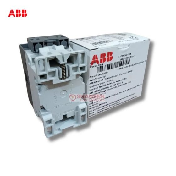 Rear view of ABB AF09-30-10-13 3-pole contactor next to original box — 100–250V AC/DC, DIN-rail mount
