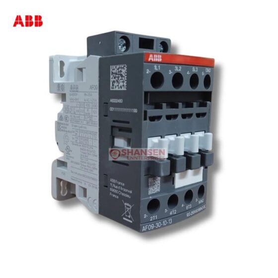 Side view of ABB AF09-30-10-13 3-pole contactor 100–250V AC/DC with DIN-rail clip and screw terminals