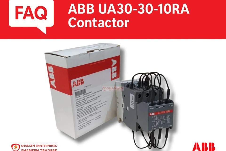 ABB UA30-30-10RA 3-pole capacitor switching contactor with packaging — FAQ banner; 230–240V 50Hz / 240–260V 60Hz, built-in damping resistors