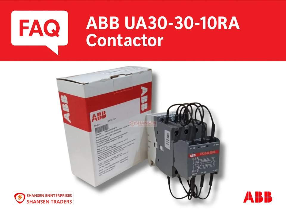 ABB UA30-30-10RA 3-pole capacitor switching contactor with packaging — FAQ banner; 230–240V 50Hz / 240–260V 60Hz, built-in damping resistors
