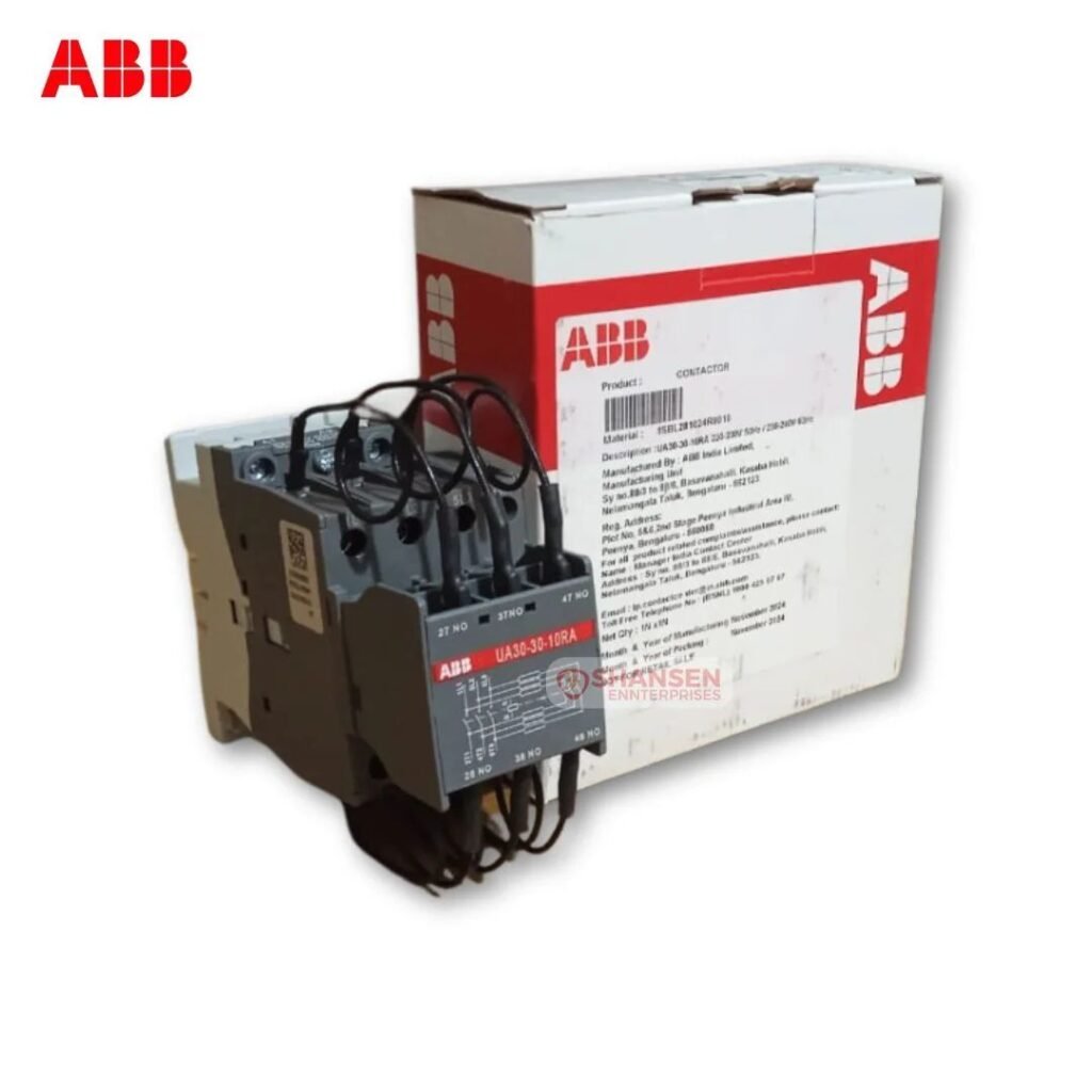 ABB UA30-30-10RA 3-pole contactor shown beside original ABB packaging — genuine ABB product supplied by Shansen Enterprises, authorized channel partner, Coimbatore India