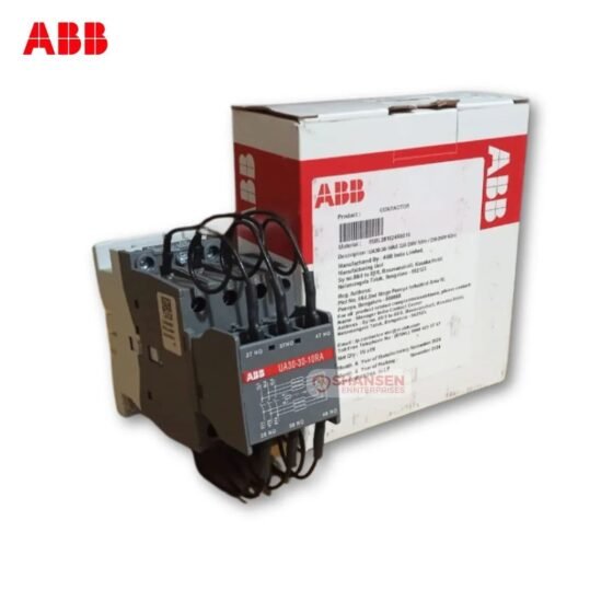 ABB UA30-30-10RA 3-pole contactor shown beside original ABB packaging — genuine ABB product supplied by Shansen Enterprises, authorized channel partner, Coimbatore India