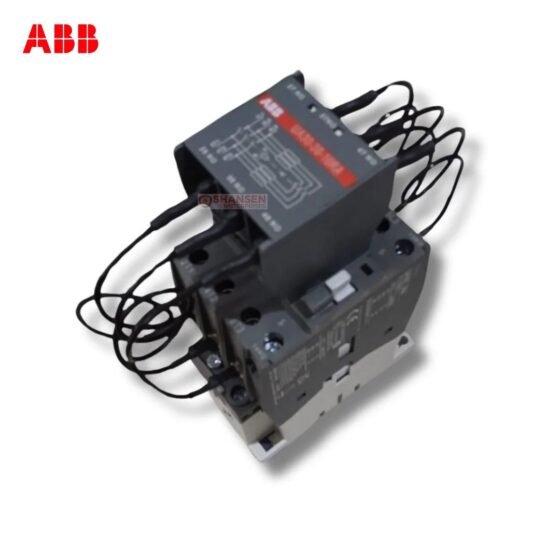 Top-angle view of ABB UA30-30-10RA 3-pole contactor with wiring looped to auxiliary block — genuine ABB product supplied by Shansen Enterprises, authorized channel partner in Coimbatore, India