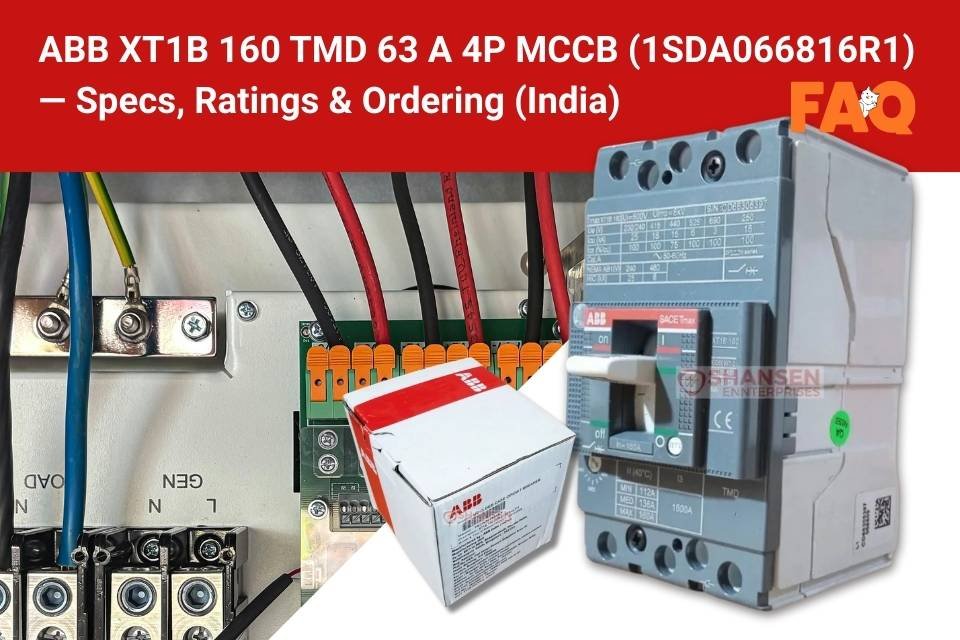 ABB XT1B 160 TMD 63 A 4P MCCB (1SDA066816R1) with box against a control panel background—India specs, ratings and ordering FAQ graphic