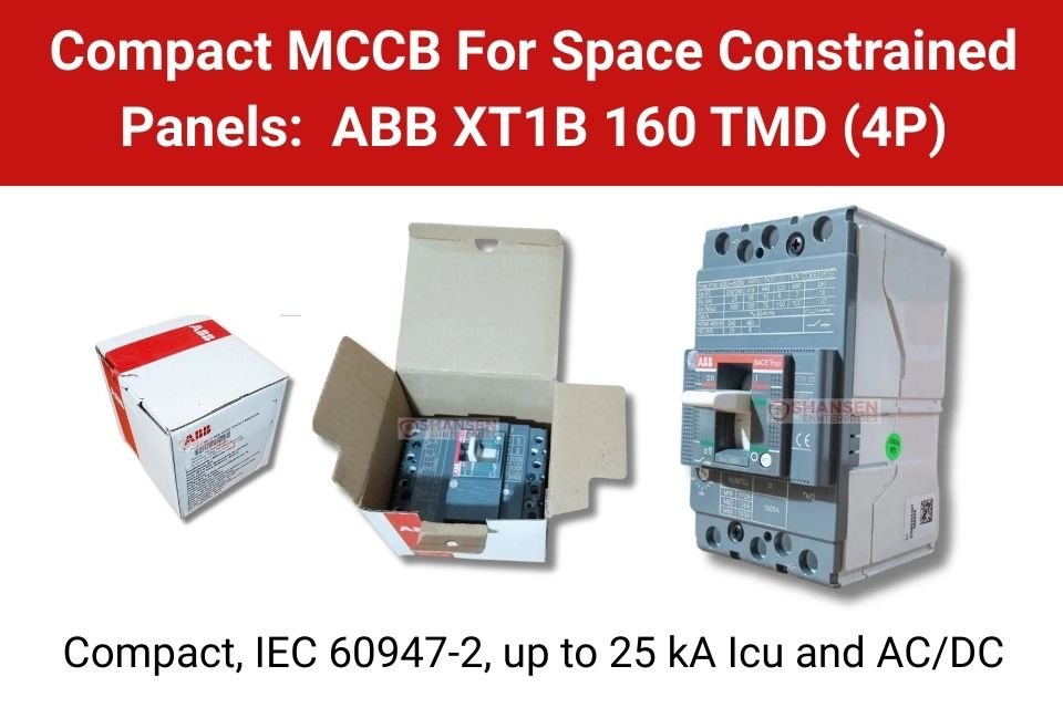 ABB XT1B 160 TMD (4P) compact MCCB for space-constrained panels, IEC 60947-2, up to 25 kA Icu, AC/DC – product hero