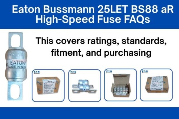 Eaton Bussmann 25LET BS88 aR high-speed fuse FAQs covering ratings, standards, fitment and purchasing with product and box images