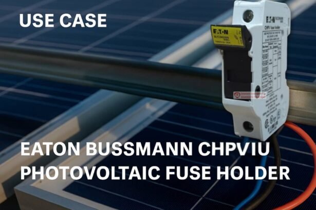 Eaton Bussmann CHPV1U photovoltaic fuse holder mounted on DIN rail over solar panel — 1000 VDC, 30A