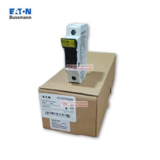 Eaton Bussmann CHPV1U photovoltaic fuse holder on its shipping box — modular single-pole 1000 VDC 30A