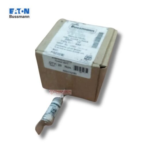 Eaton Bussmann NSD32 fuse box pack with individual 32A 550V AC fuse displayed in front — supplied by Shansen Enterprises