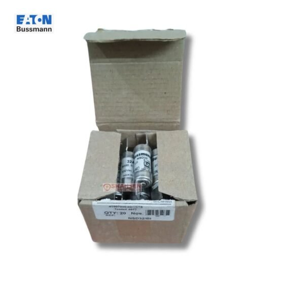 Open box of Eaton Bussmann NSD32 fuses (32A, 550V AC, BS88 certified) neatly packed — supplied by Shansen Enterprises