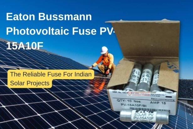 Box of Eaton Bussmann PV-15A10F photovoltaic fuses (10 pcs, 15A 1000VDC Class gPV) shown on a solar panel with installer in background — Authorized Eaton Channel Partner Shansen Enterprises