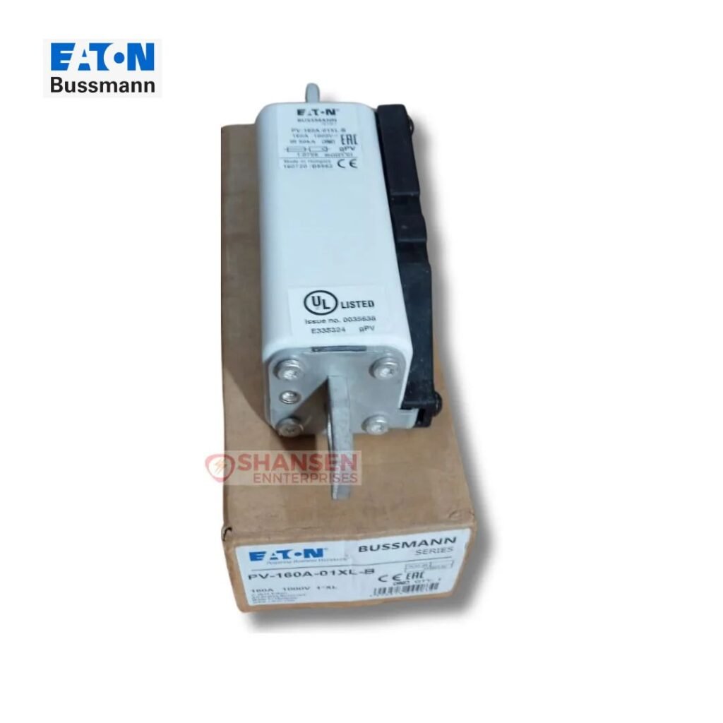 Eaton Bussmann PV-160A-01XL-B photovoltaic gPV fuse, 160A 1000V DC, ceramic body with blade terminals and indicator, placed on original box β Shansen Enterprises