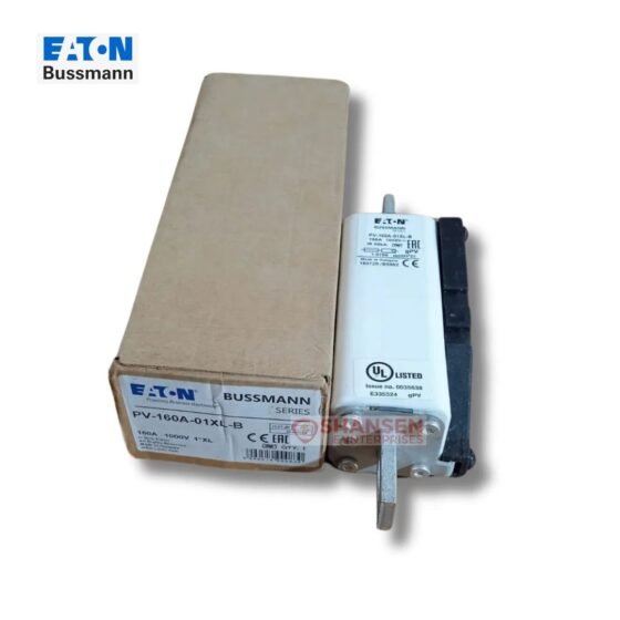 Eaton Bussmann PV-160A-01XL-B photovoltaic gPV fuse, 160A 1000V DC, with indicator and blade terminals shown beside original box – Shansen Enterprises