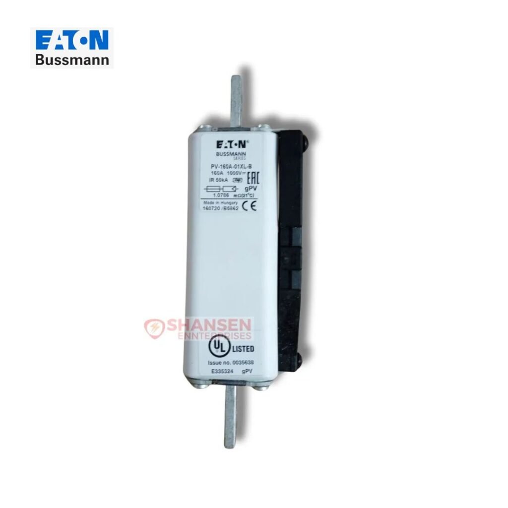Eaton Bussmann PV-160A-01XL photovoltaic gPV fuse-link, 160A 1000V DC, ceramic body with indicator and blade connections β Shansen Enterprises