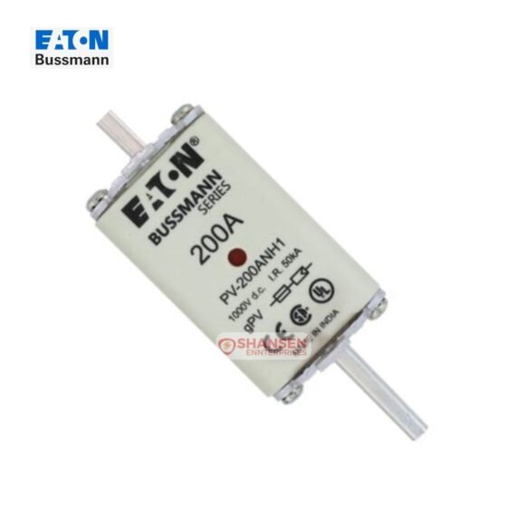 Eaton Bussmann PV-200ANH1 200A 1000V DC NH1 photovoltaic fuse — diagonal front view with dual indicator, supplied by Shansen Enterprises (authorized channel partner)