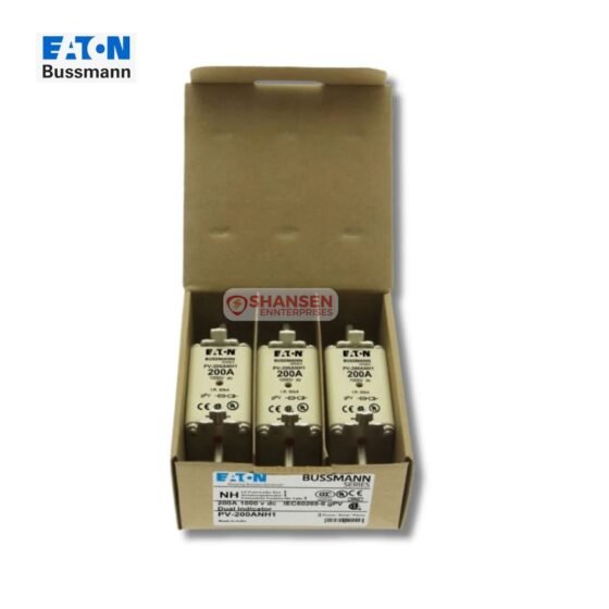 Open pack of three Eaton Bussmann PV-200ANH1 photovoltaic NH1 fuses (200A, 1000V DC) with visible labels and dual indicators — Shansen Enterprises authorized channel partner