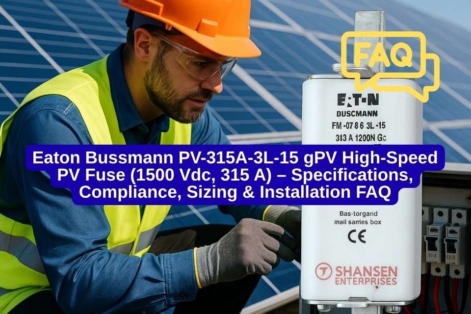 Engineer on a solar rooftop beside a combiner box with Eaton Bussmann PV-315A-3L-15 gPV high-speed PV fuse, 315A 1500V DC — FAQ cover