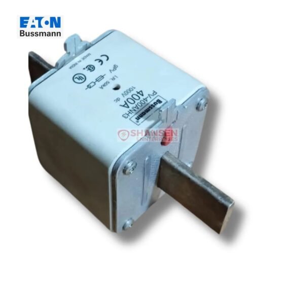 Close-up Eaton Bussmann PV-400ANH3 photovoltaic fuse 400A 1000Vdc with dual indicator — Shansen Enterprises authorized channel partner