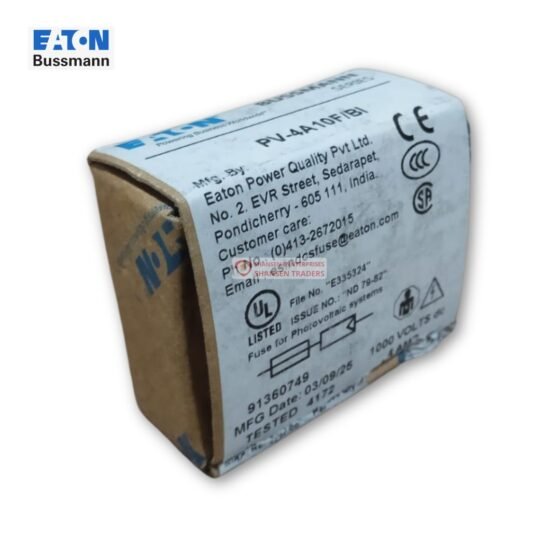 Close-up of Eaton Bussmann PV-4A10F product box label showing model PV-4A10F, UL/CE/CSA marks and manufacturing details
