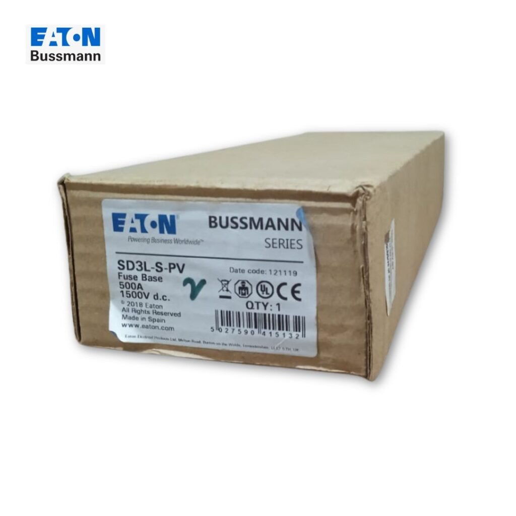 Eaton Bussmann SD3L-S-PV fuse base packaging, 500A 1500V DC, genuine photovoltaic fuse holder supplied by Shansen Enterprises, Authorized Channel Partner