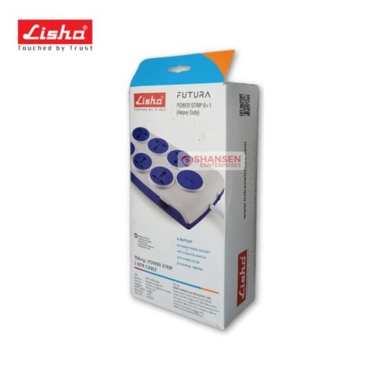 Lisha FUTURA 6+1 heavy-duty power strip retail box showing six international sockets, master switch with indicator, thermal tripper, 10A 240V, 2m cable