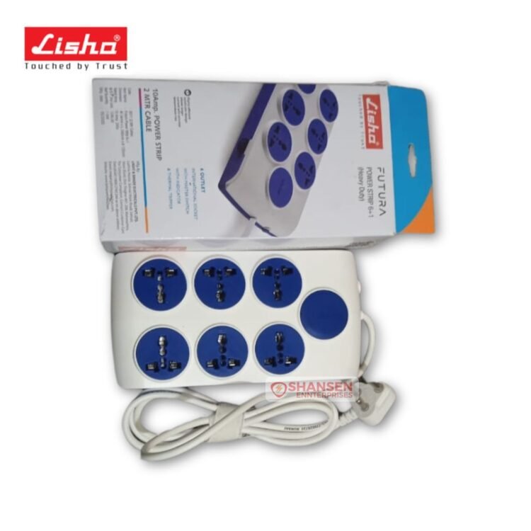 Lisha FUTURA 6+1 heavy-duty power strip with retail box—six international sockets, 2m cord, master and individual switches, 10A 240V, Made in India