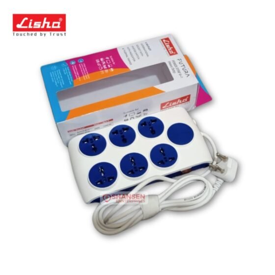 Lisha FUTURA 6+1 power strip with box—six international sockets, 2m heavy-duty cord, master and individual switches with indicator, thermal tripper, 10A 240V, Made in India