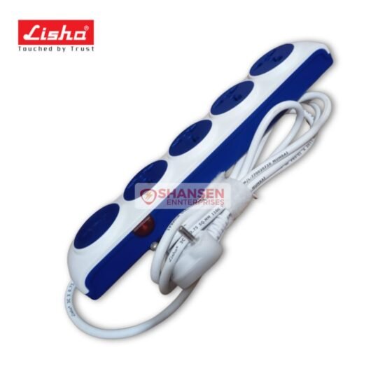 Lisha FUTURA 6A extension board, side view showing 4 international sockets, power indicator, 2 m cable and Indian plug with resettable thermal tripper