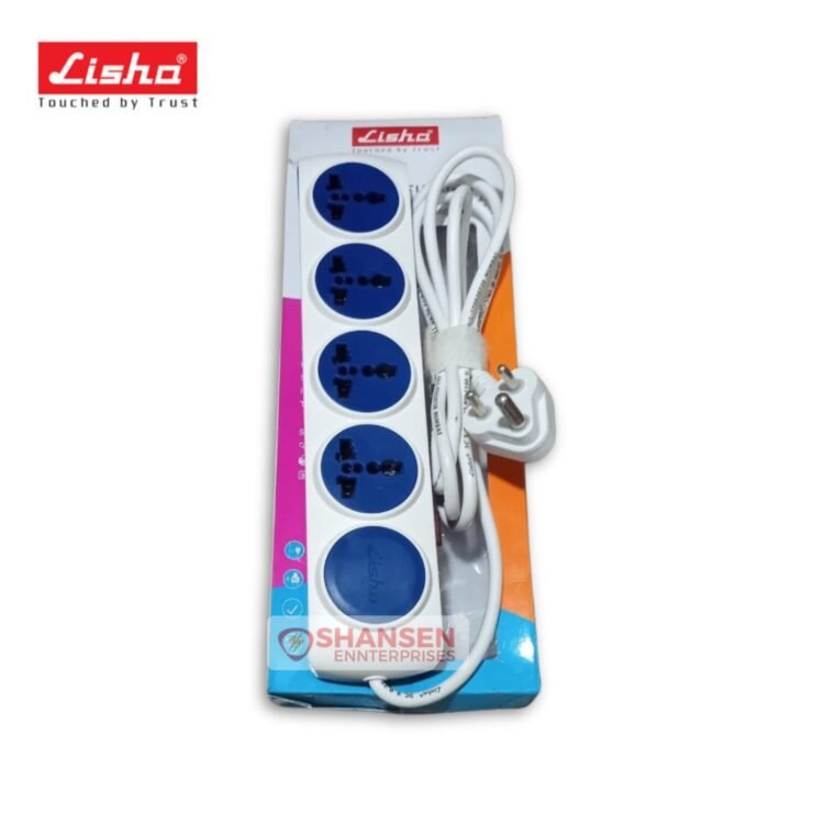 Lisha FUTURA 6A power strip with 4 international sockets, 2m cable, master or individual switches with indicators, and resettable thermal tripper – Made in India